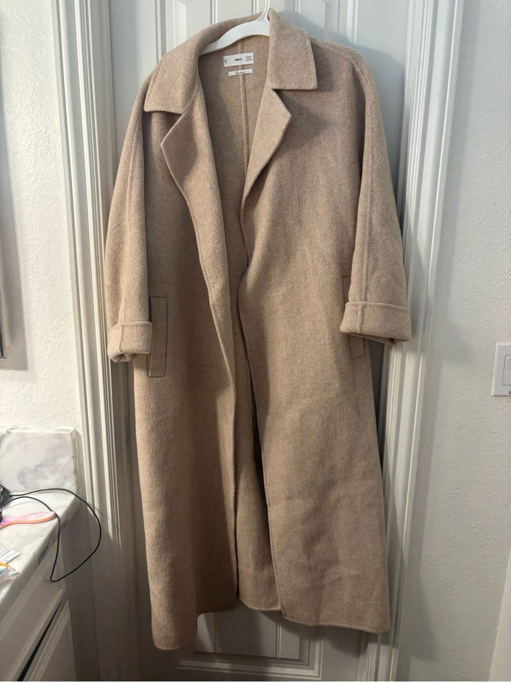 Mango MNG Beige Handmade Wool-Blend Long Belted Coat oversized S - Picture 11 of 15